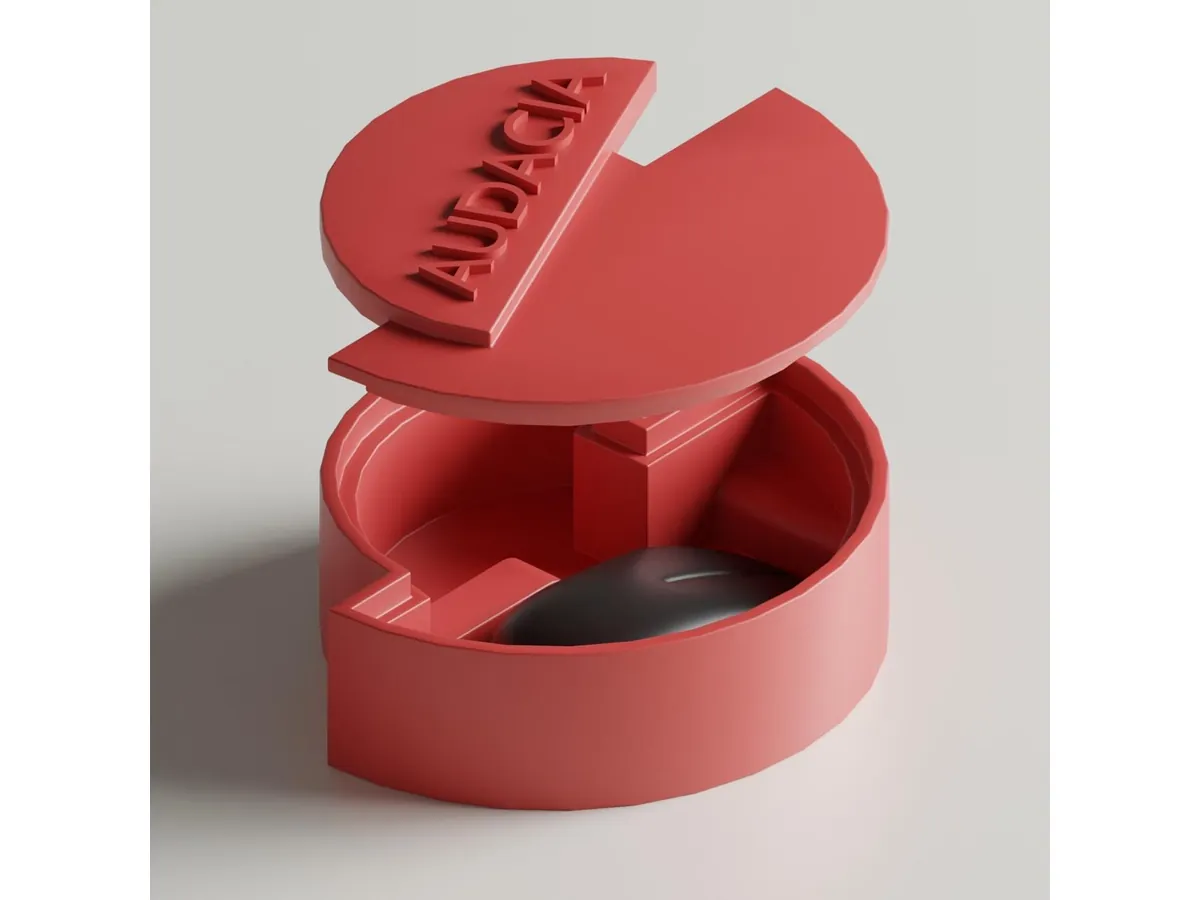Render de caja roja abierta con un mouse en su interior